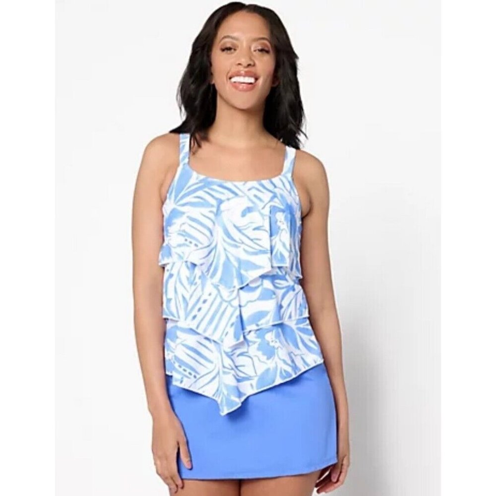 Susan Graver Soleil Tiered Tankini with Skirt White Waterclr, Reg 16